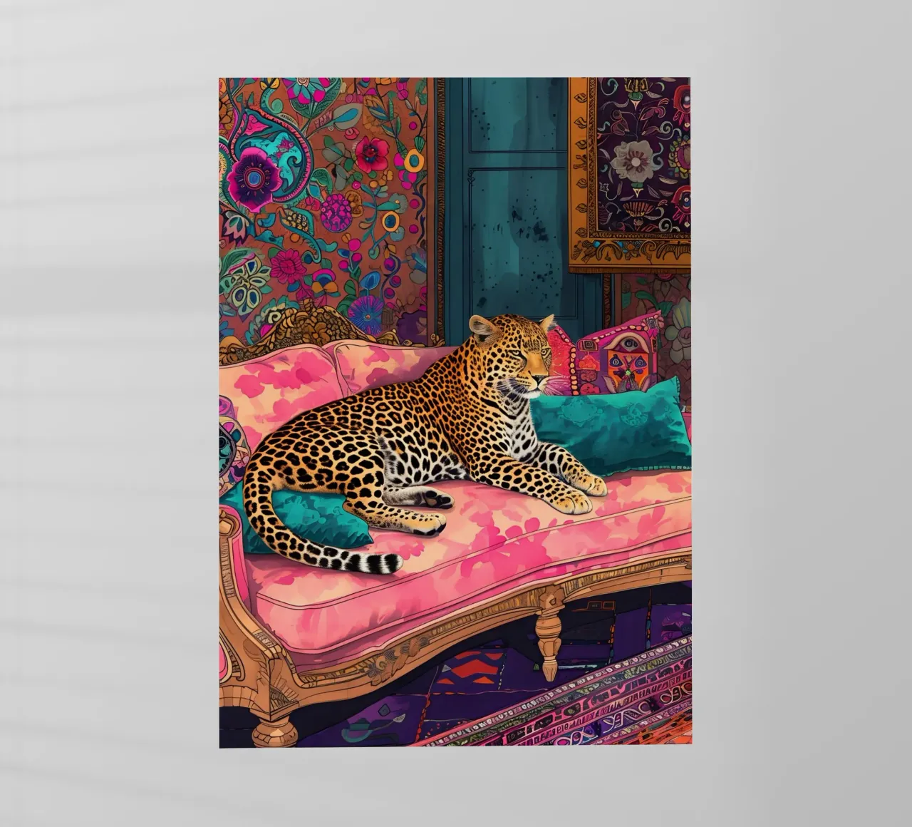 Leopardo su divano bohémien | Interni psichedelici massimalisti P pellicola backlit da NorwesClub