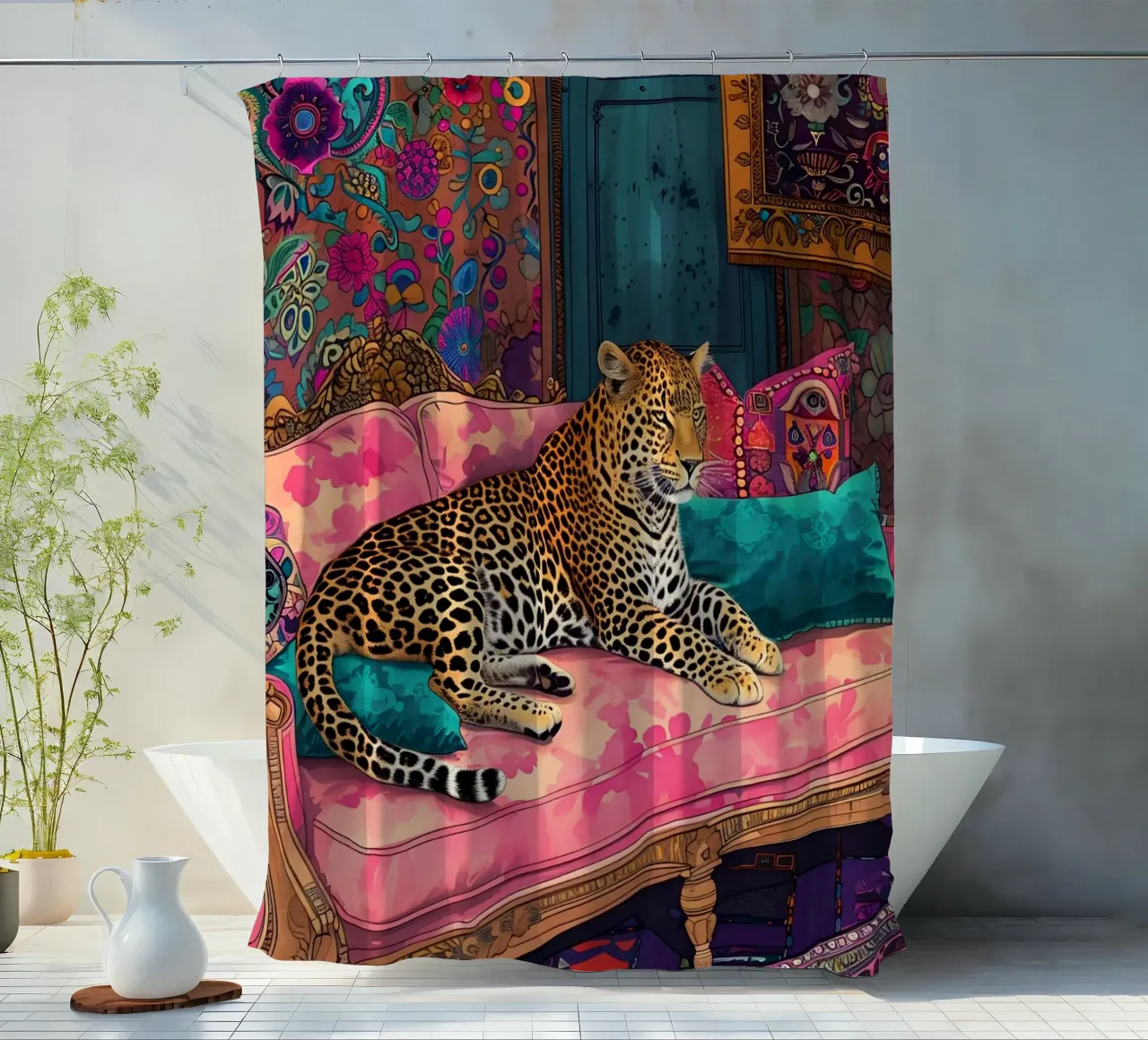 Leopard auf böhmischem Sofa | Maximalistisches psychedelisches Interieur P Duschvorhang von NorwesClub