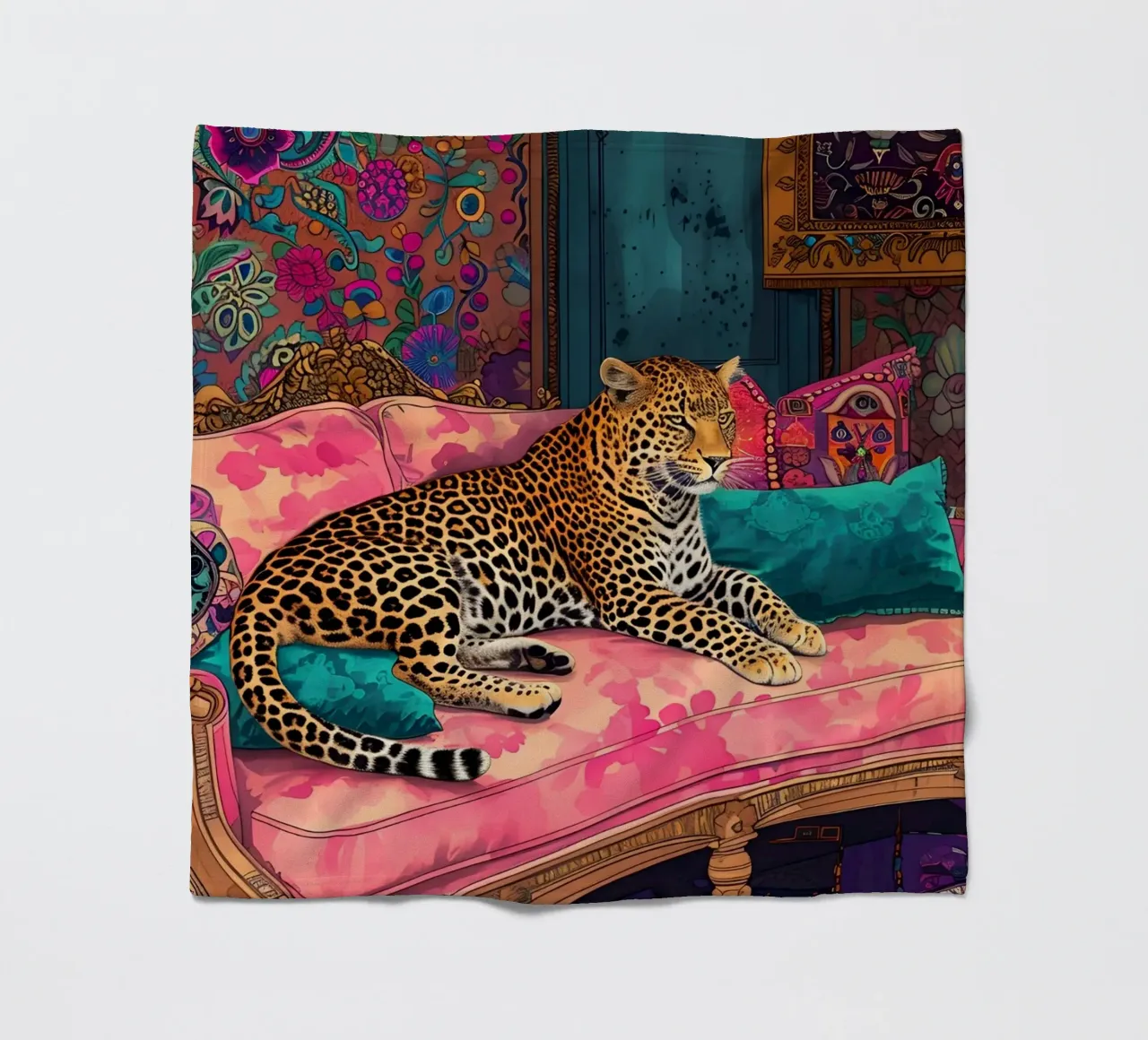 Leopard on Bohemian Sofa | Maximalist Psychedelic Interior P fleece blanket by NorwesClub