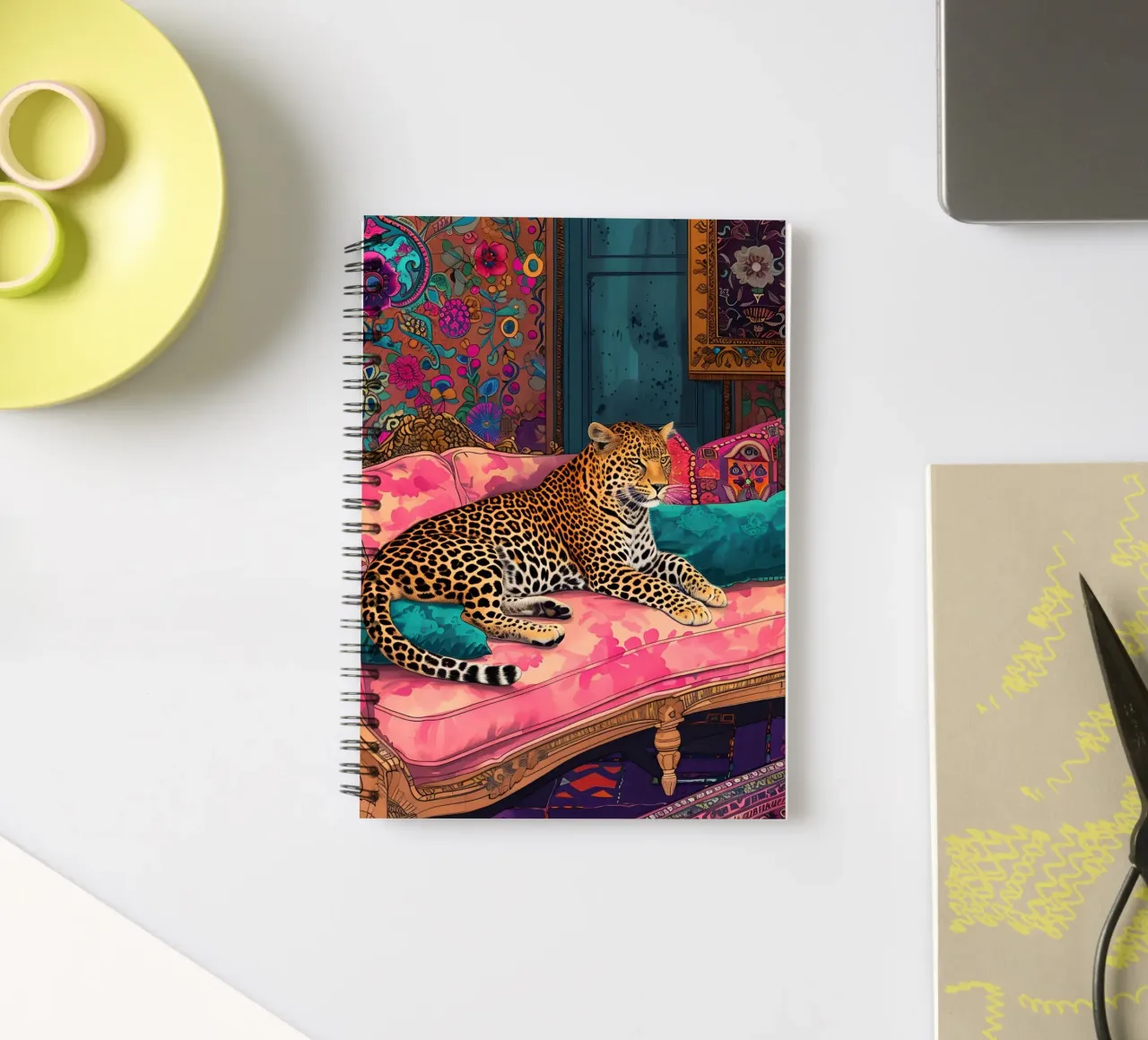 Leopard on Bohemian Sofa | Maximalist Psychedelic Interior P spiral notebook by NorwesClub