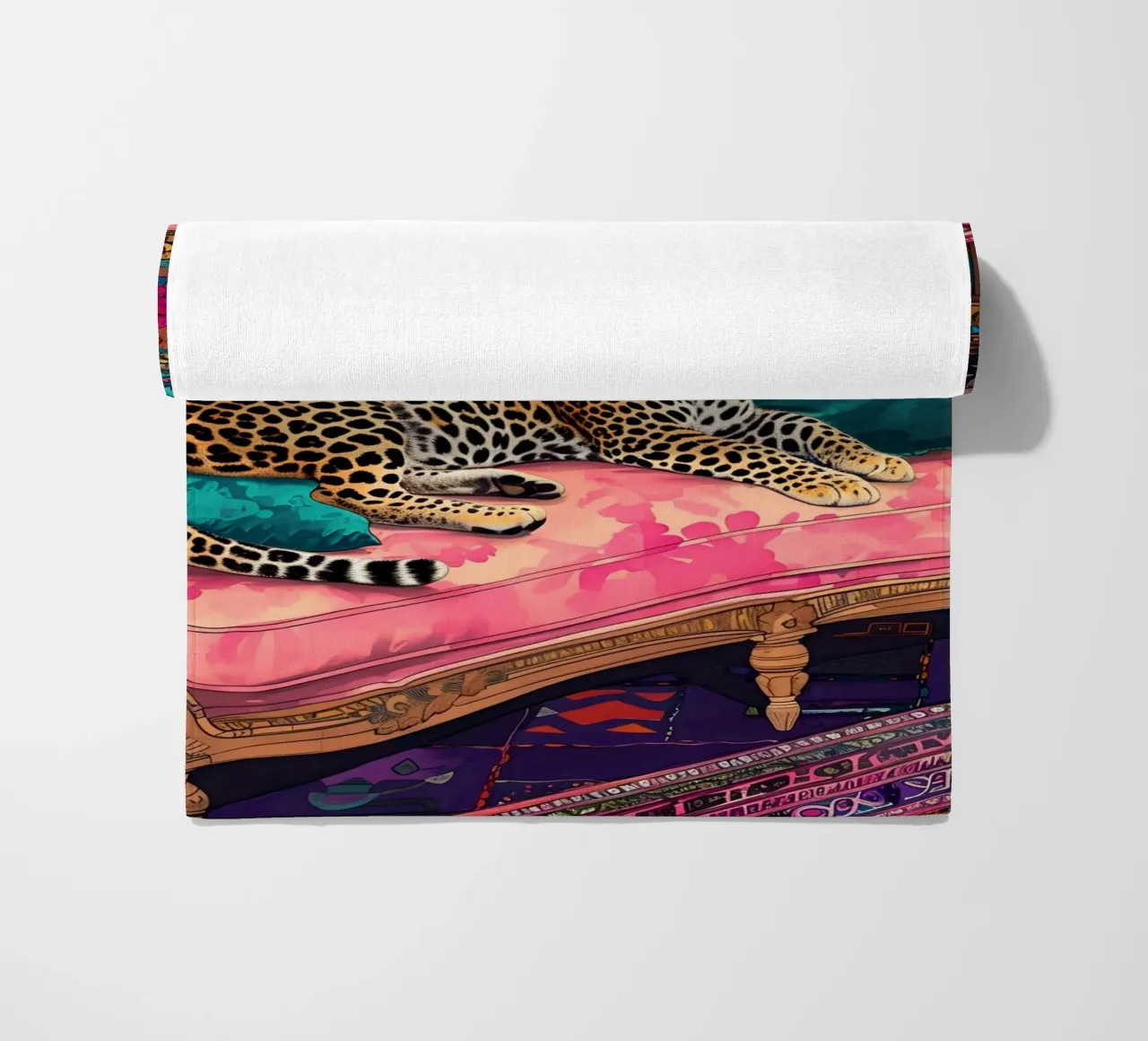 Leopard on Bohemian Sofa | Maximalist Psychedelic Interior P beach towel by NorwesClub