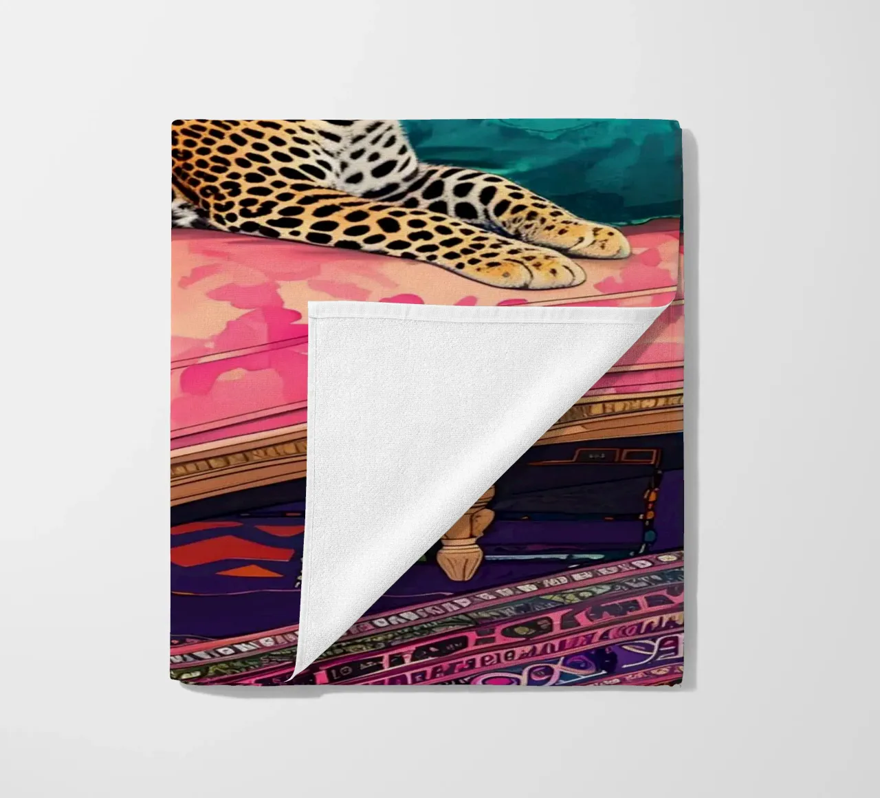 Leopard on Bohemian Sofa | Maximalist Psychedelic Interior P beach towel by NorwesClub