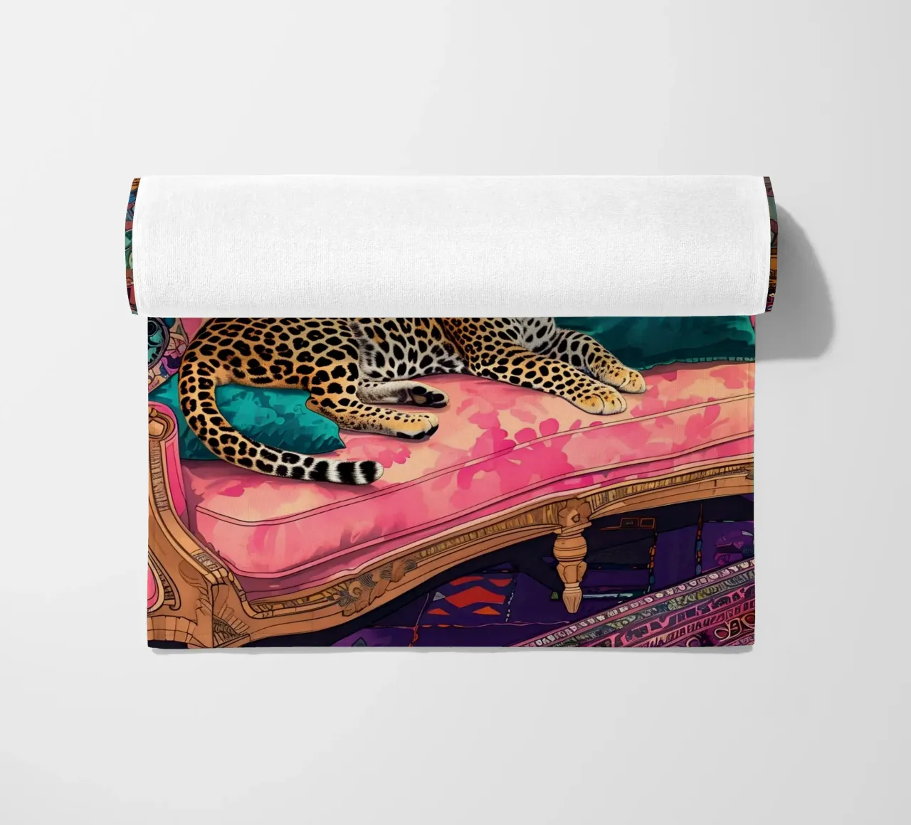 Leopard on Bohemian Sofa | Maximalist Psychedelic Interior P beach towel by NorwesClub