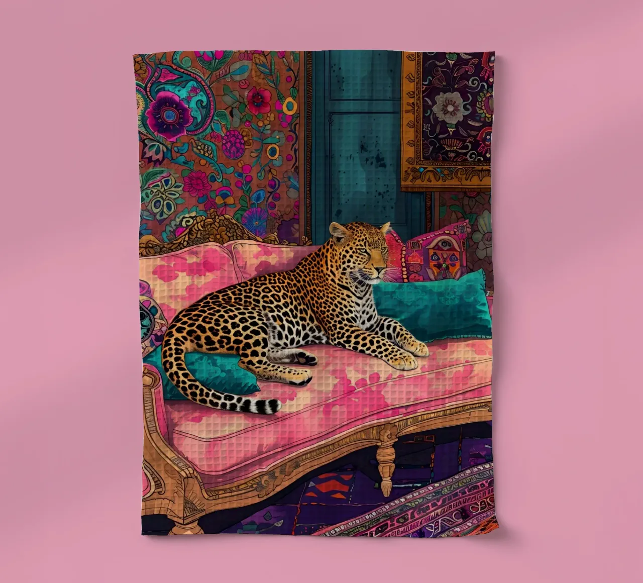 Leopard on Bohemian Sofa | Maximalist Psychedelic Interior P tea towel by NorwesClub
