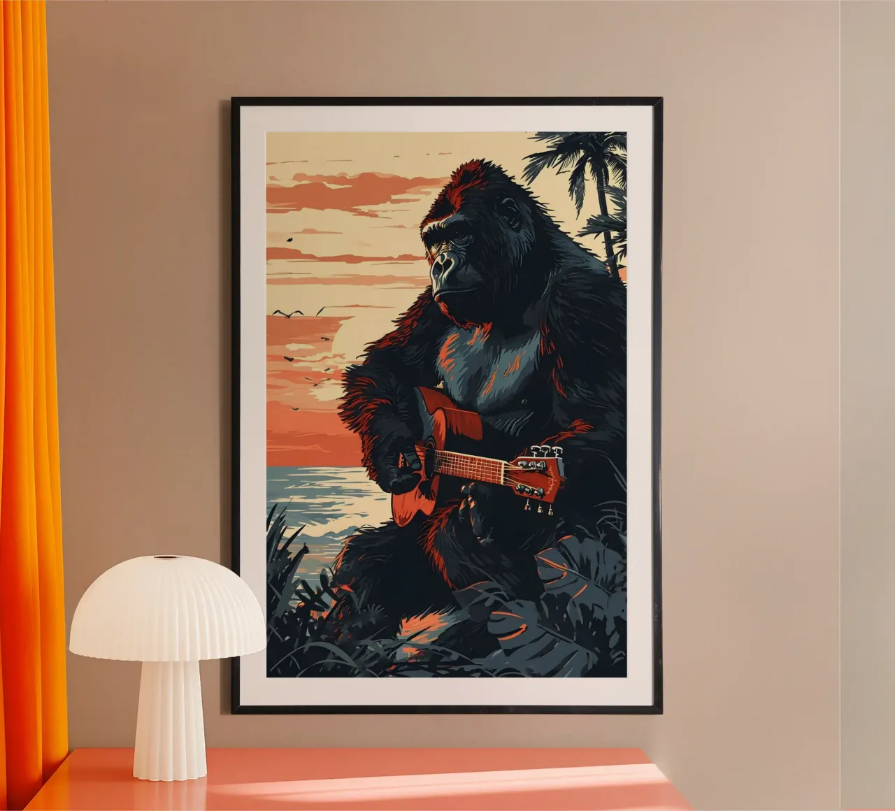 Gorilla mit Gitarre am Meer carta hahnemühle da WILD ART