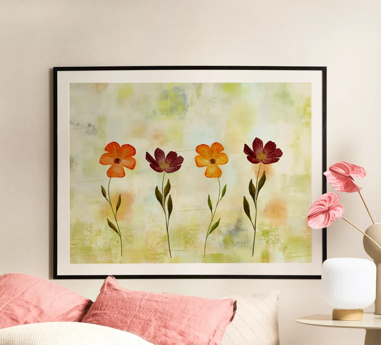 Sonnentanz der Blüten - Floral, abstraktes Gemälde poster con telaio in legno da Petra Lang