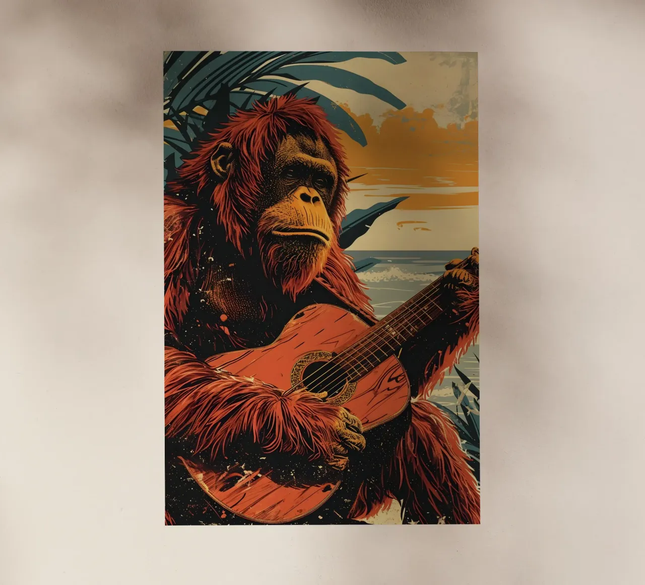 Orang Utan spielt Gitarre am Strand pellicola backlit da WILD ART