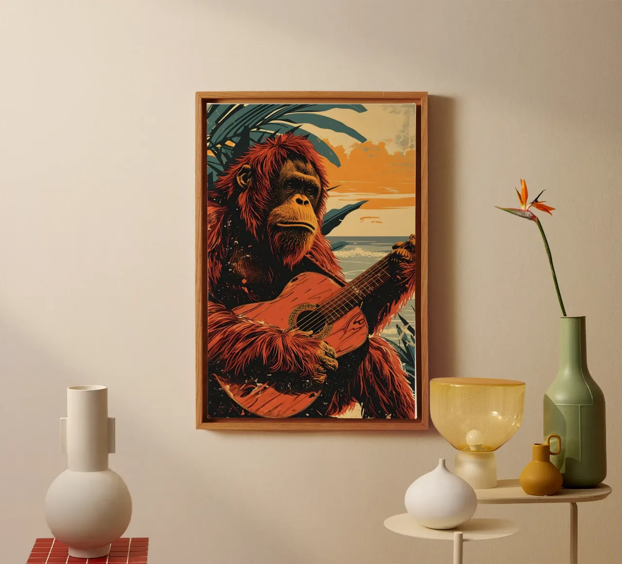 Orang Utan spielt Gitarre am Strand Leinwand von WILD ART