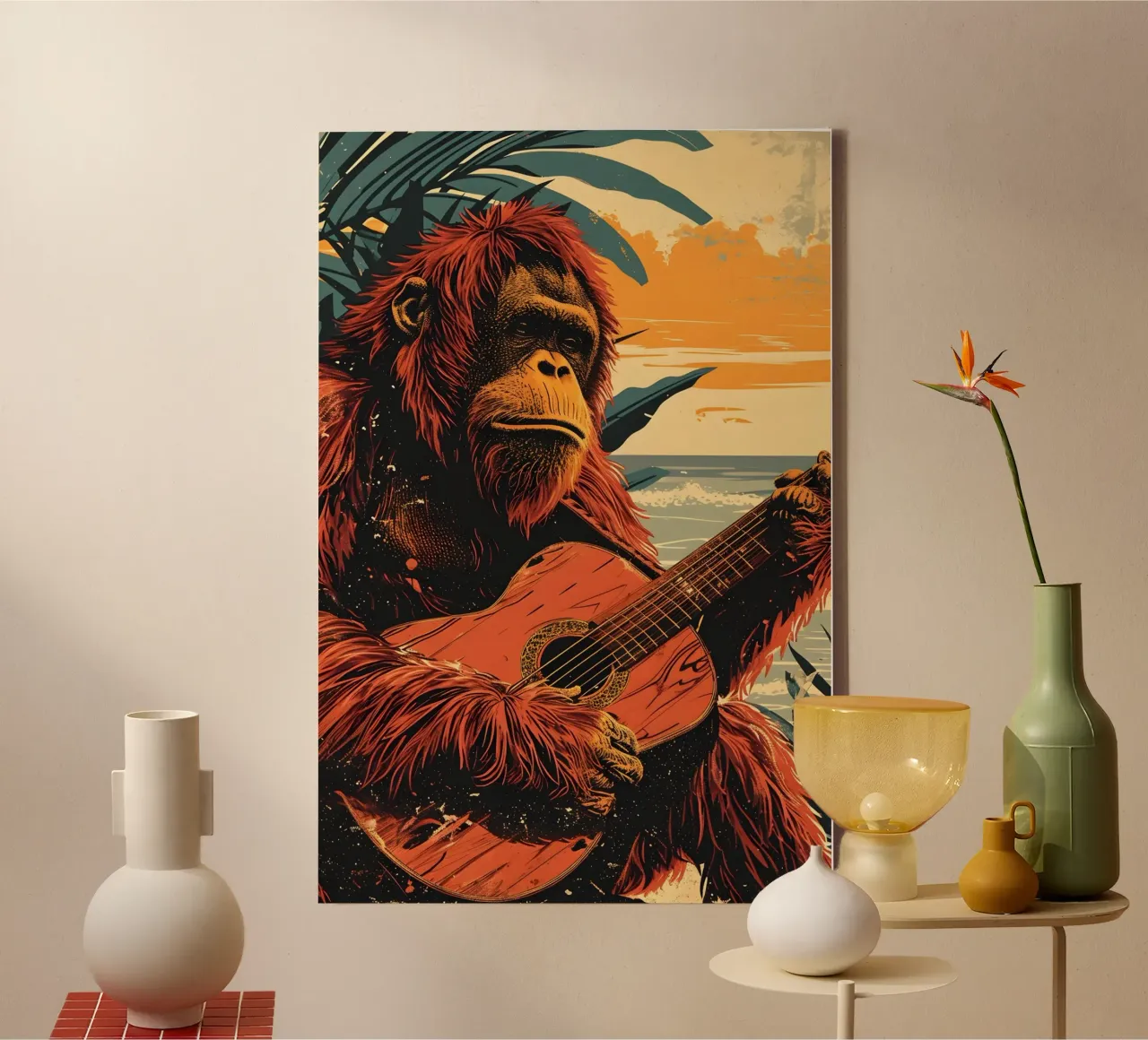 Orang Utan spielt Gitarre am Strand Leinwand von WILD ART
