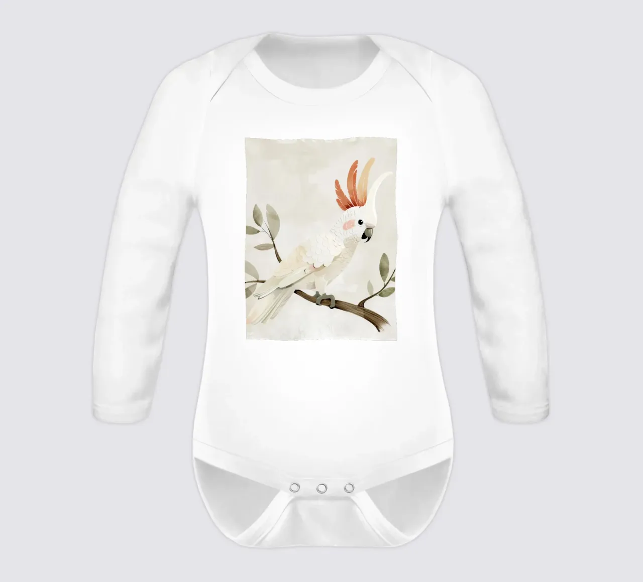 Sereno cacatua bianco su un ramo body neonato maniche lunghe da DesignDoodle