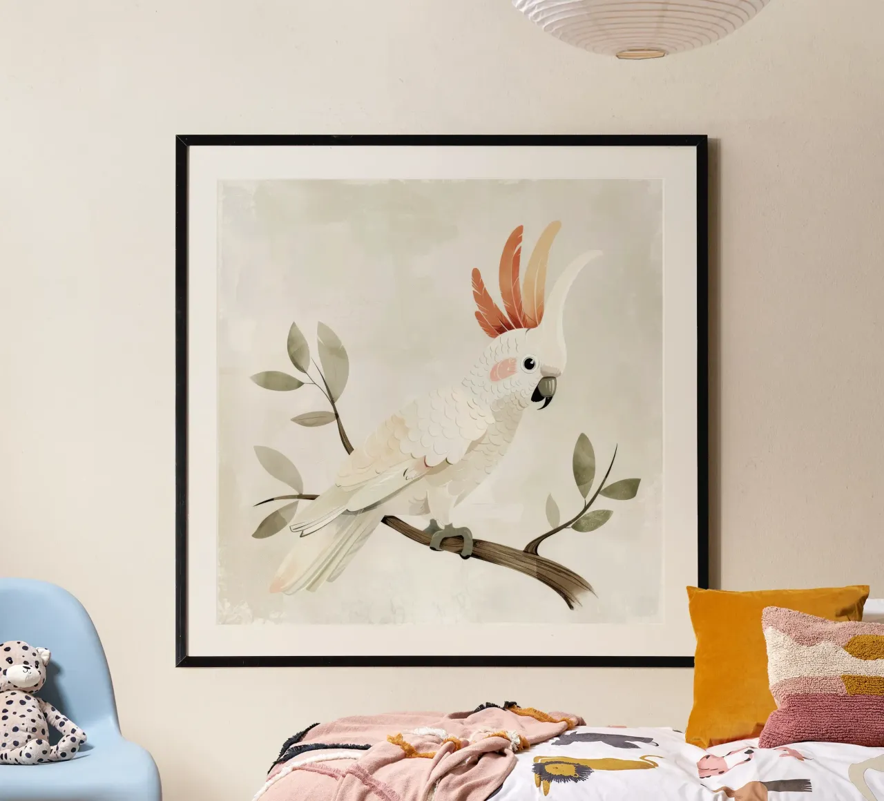 Sereno cacatua bianco su un ramo poster con telaio in legno da DesignDoodle