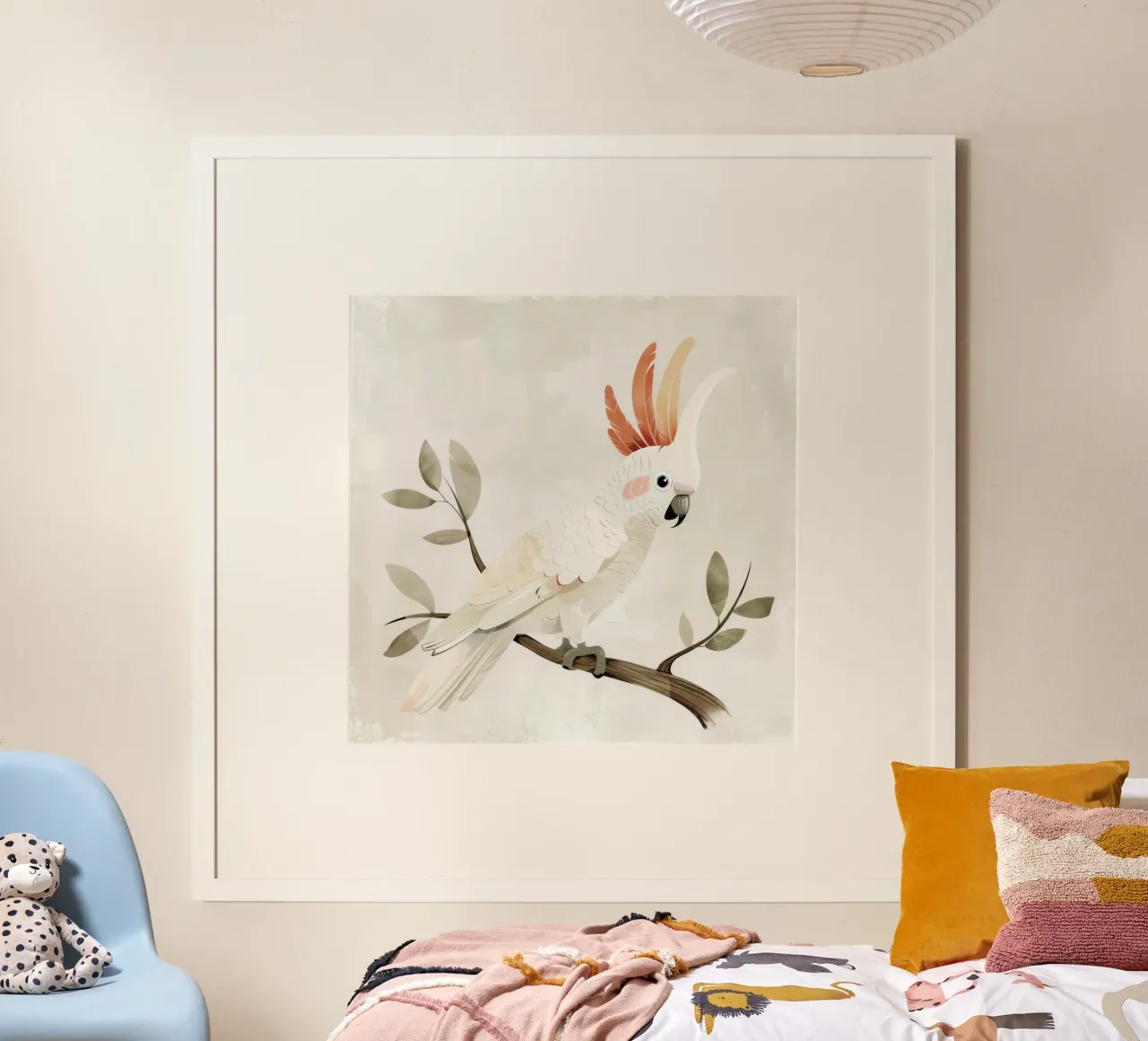 Sereno cacatua bianco su un ramo poster con telaio in legno da DesignDoodle