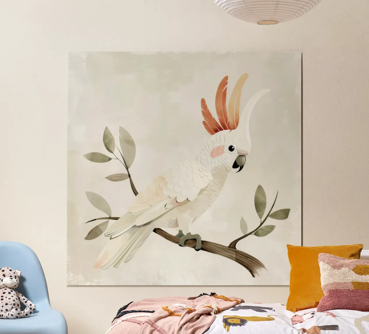Sereno cacatua bianco su un ramo poster con telaio in legno da DesignDoodle
