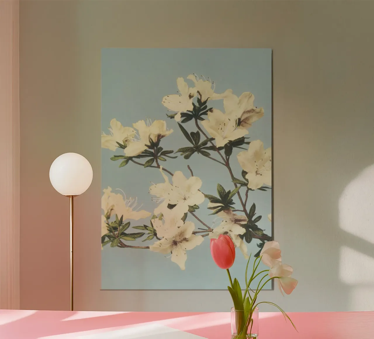 Vintage Azalea Bloom Botanical | Sereno Stampa floreale pastello poster con telaio in legno da NorwesClub