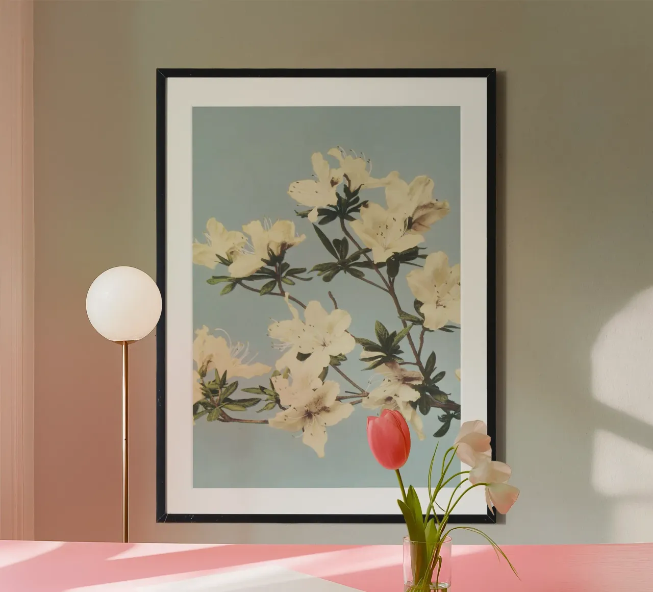 Vintage Azalea Bloom Botanical | Sereno Stampa floreale pastello poster con telaio in legno da NorwesClub