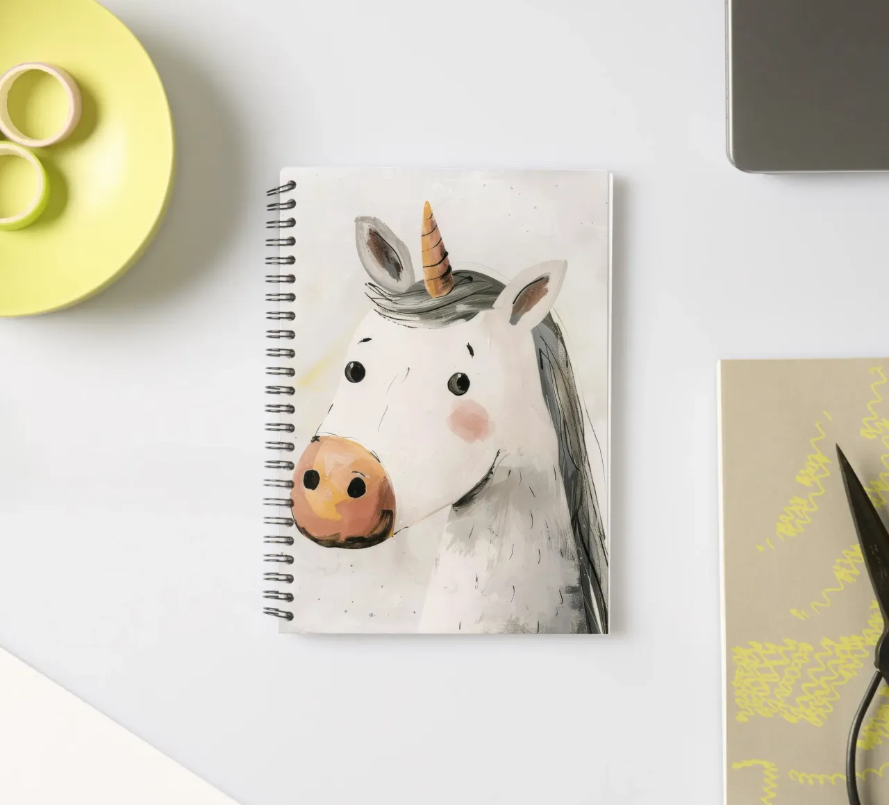 Whimsical Unicorn Portrait in Soft Hues spiral notebook by DesignDoodle