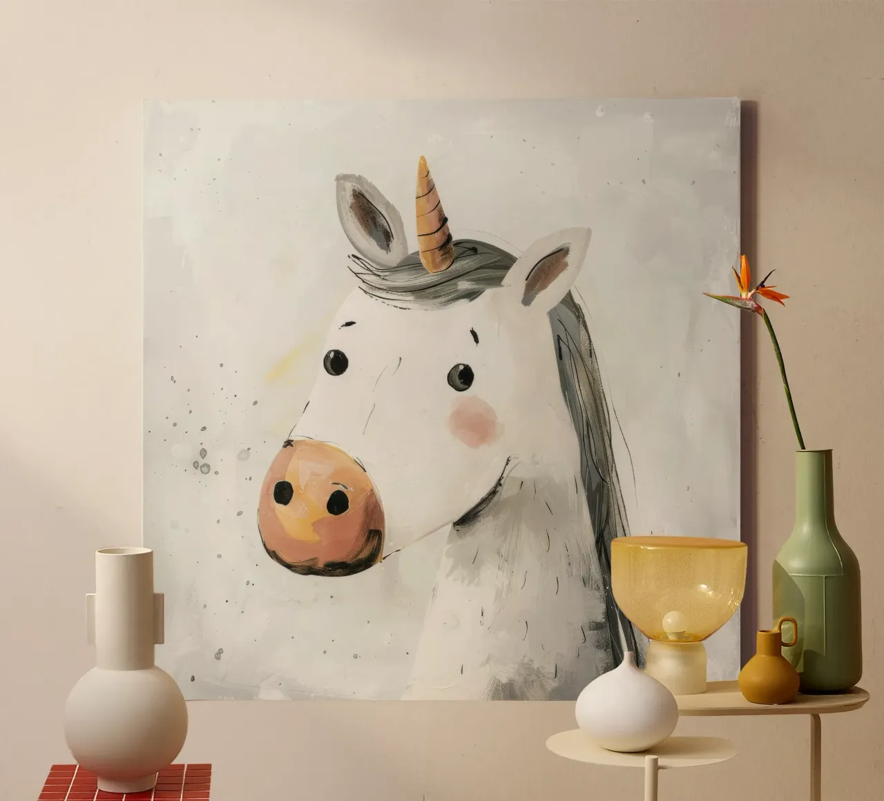 Whimsical Unicorn Portrait in Soft Hues canvas by DesignDoodle