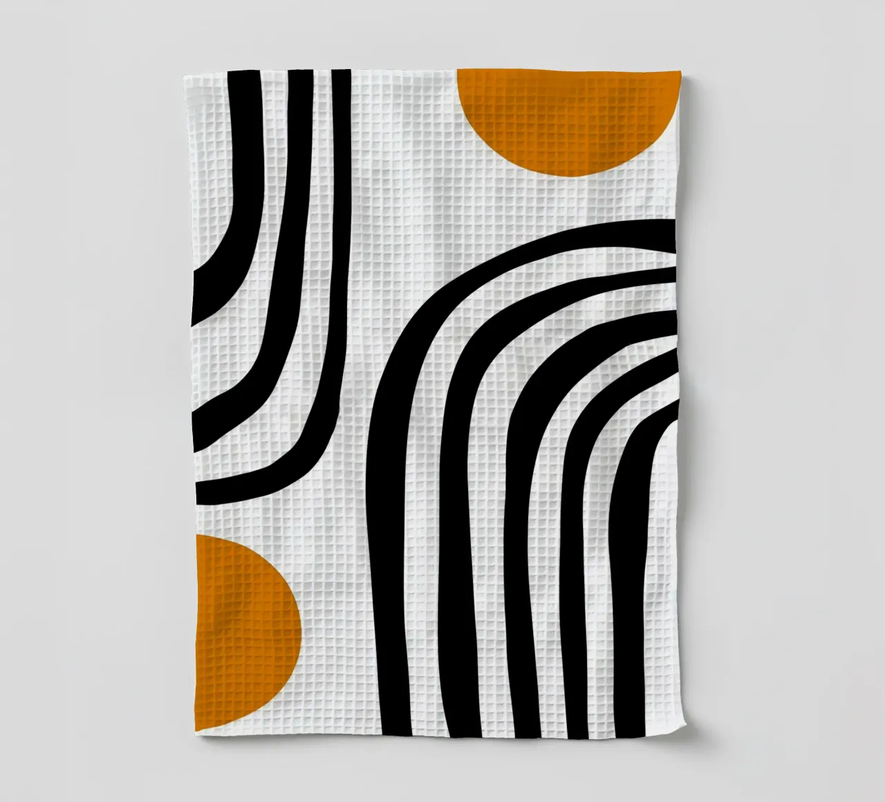 Bauhaus Abstract - Lines and circles in black and orange tea towel by Casa Calm