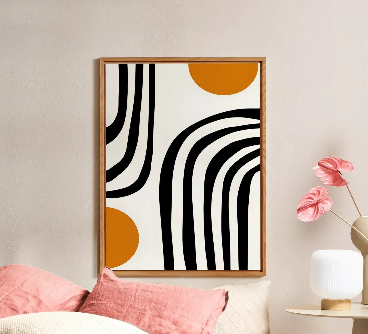 Bauhaus Abstract - Lines and circles in black and orange alu-dibond by Casa Calm