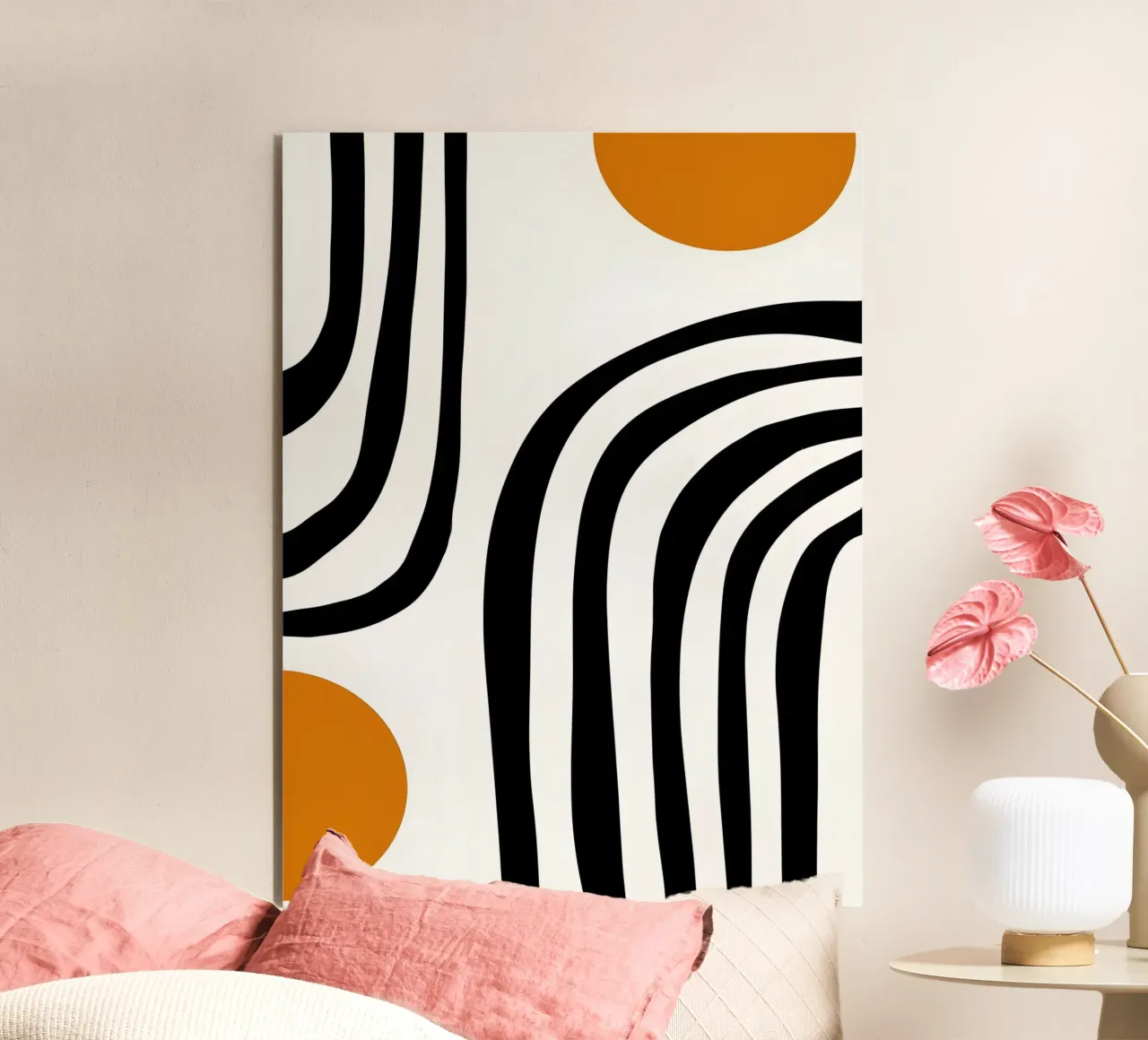 Bauhaus Abstract - Lines and circles in black and orange alu-dibond by Casa Calm