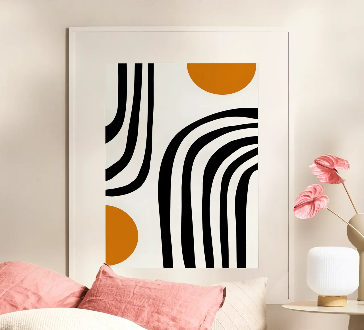 Bauhaus astratto - Linee e cerchi in nero e arancione carta hahnemühle da Casa Calm