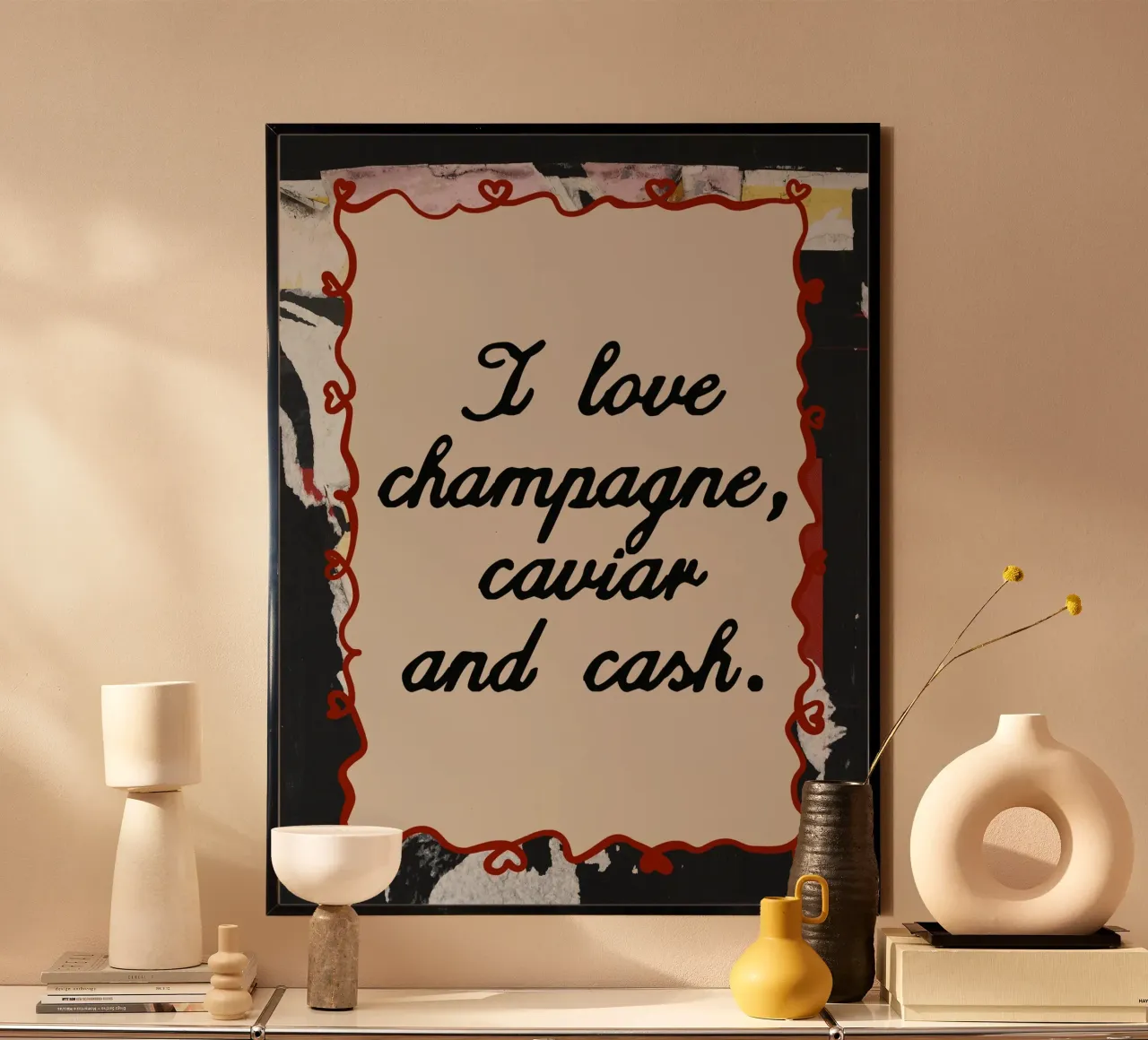 Champagne, caviar and cash poster con telaio in alluminio da Ana Paula Hoppe