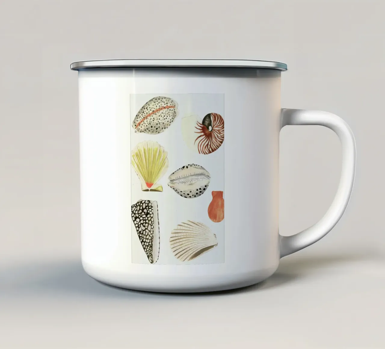Shells enamel mug by Isabelle Vandeplassche