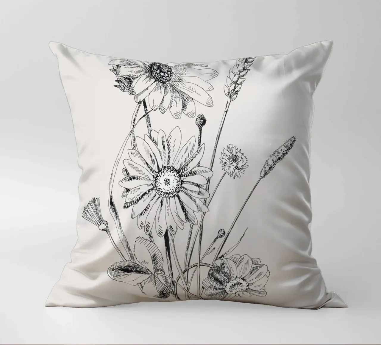 Schizzo botanico di fiori selvatici e grano | Vintage Monochrome Flo cuscino da NorwesClub