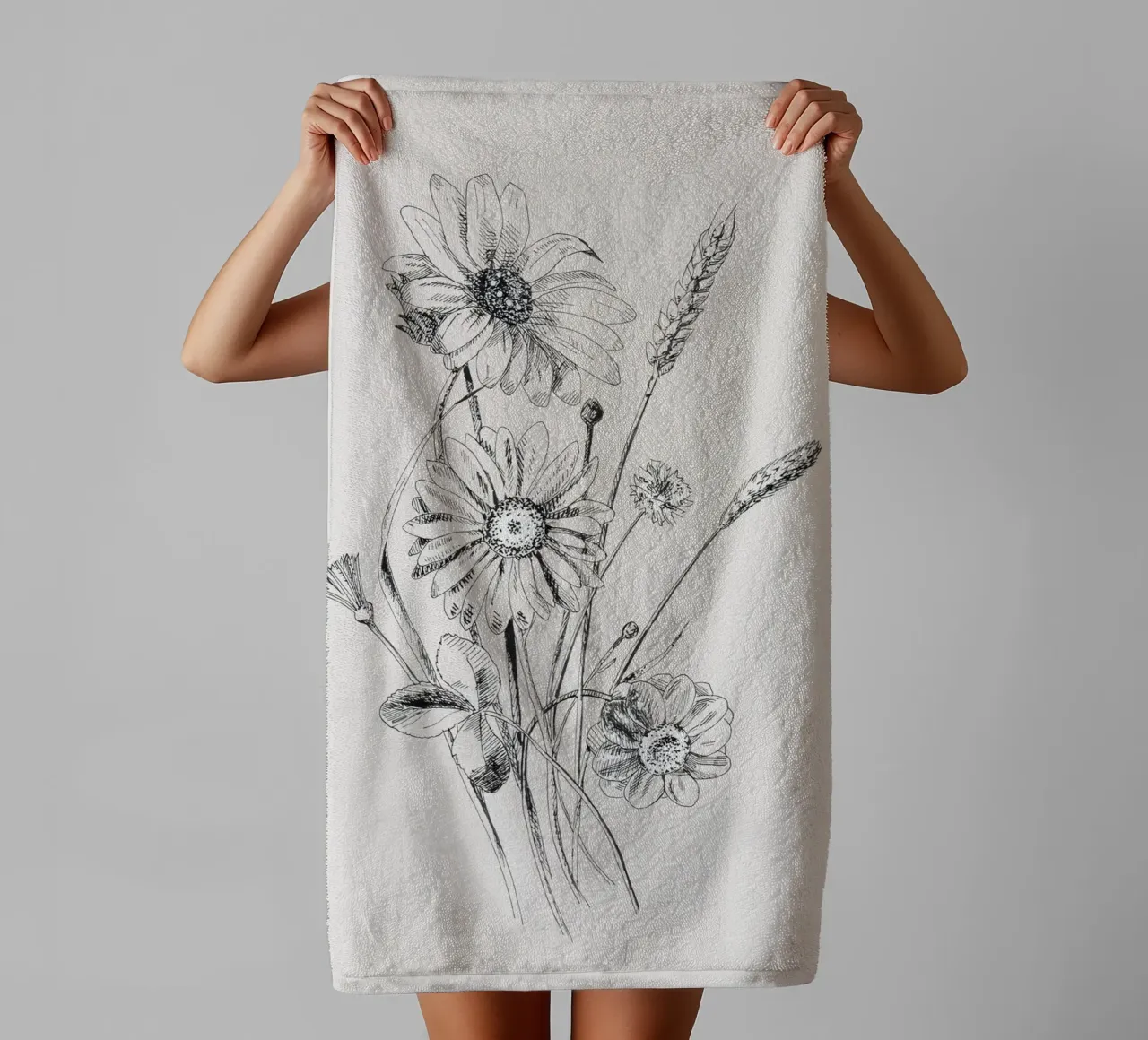Schizzo botanico di fiori selvatici e grano | Vintage Monochrome Flo asciugamano da bagno da NorwesClub