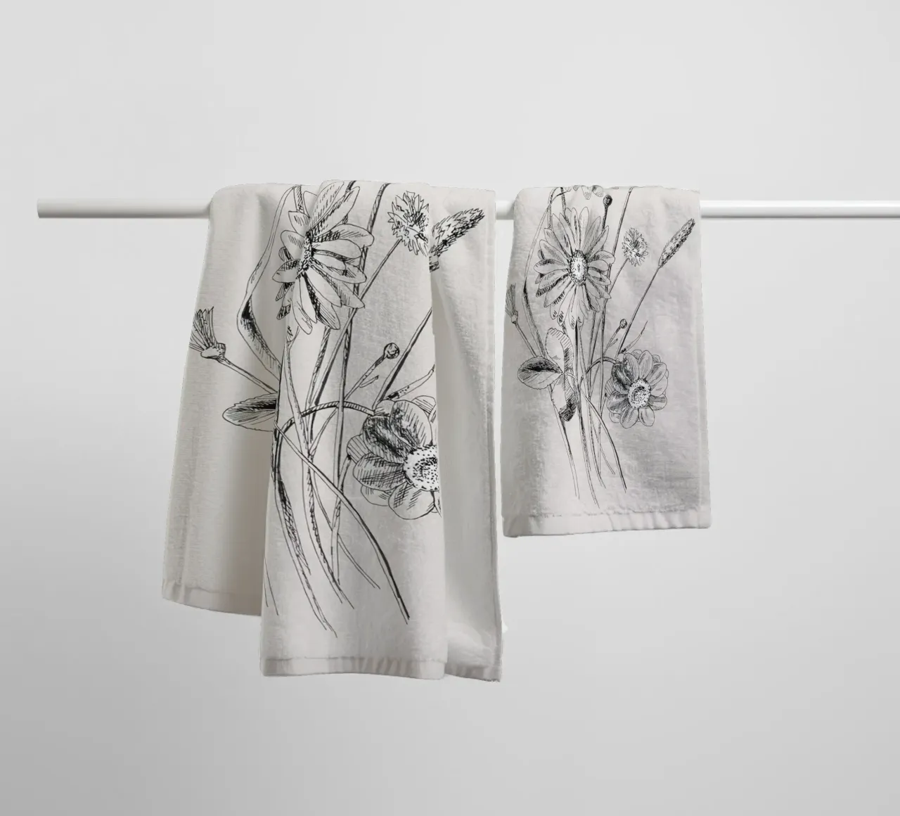 Schizzo botanico di fiori selvatici e grano | Vintage Monochrome Flo asciugamano da bagno da NorwesClub