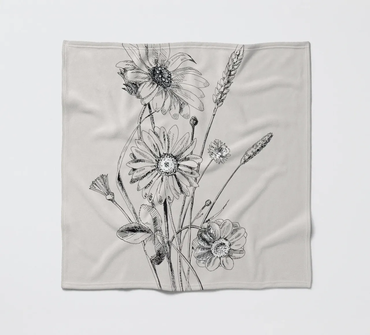 Schizzo botanico di fiori selvatici e grano | Vintage Monochrome Flo coperta in pile da NorwesClub