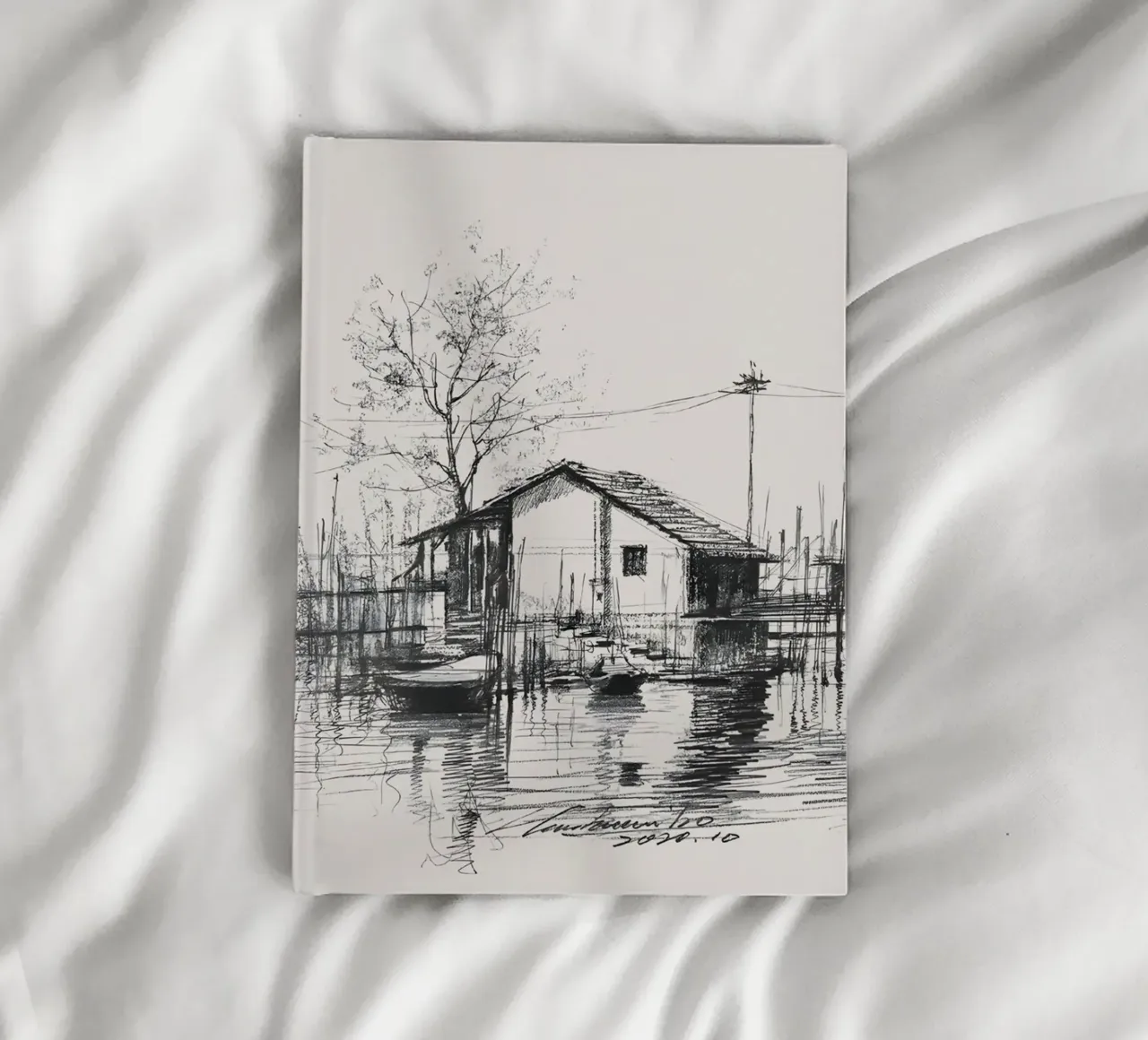 Coastal Hut Landscape Sketch | Ink Drawing Serene Art Print notebook by NorwesClub