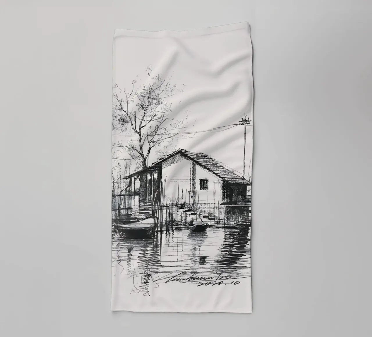 Coastal Hut Landscape Sketch | Ink Drawing Serene Art Print towel by NorwesClub