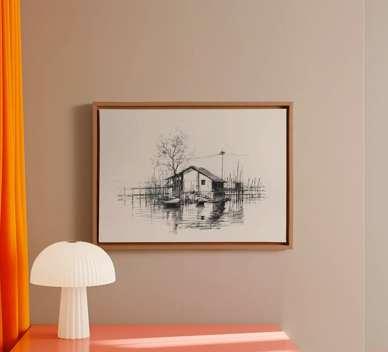 Kustlijn Hut Landschap Schets Inkttekening Sereen Kunstdruk canvas met Baklijst van NorwesClub