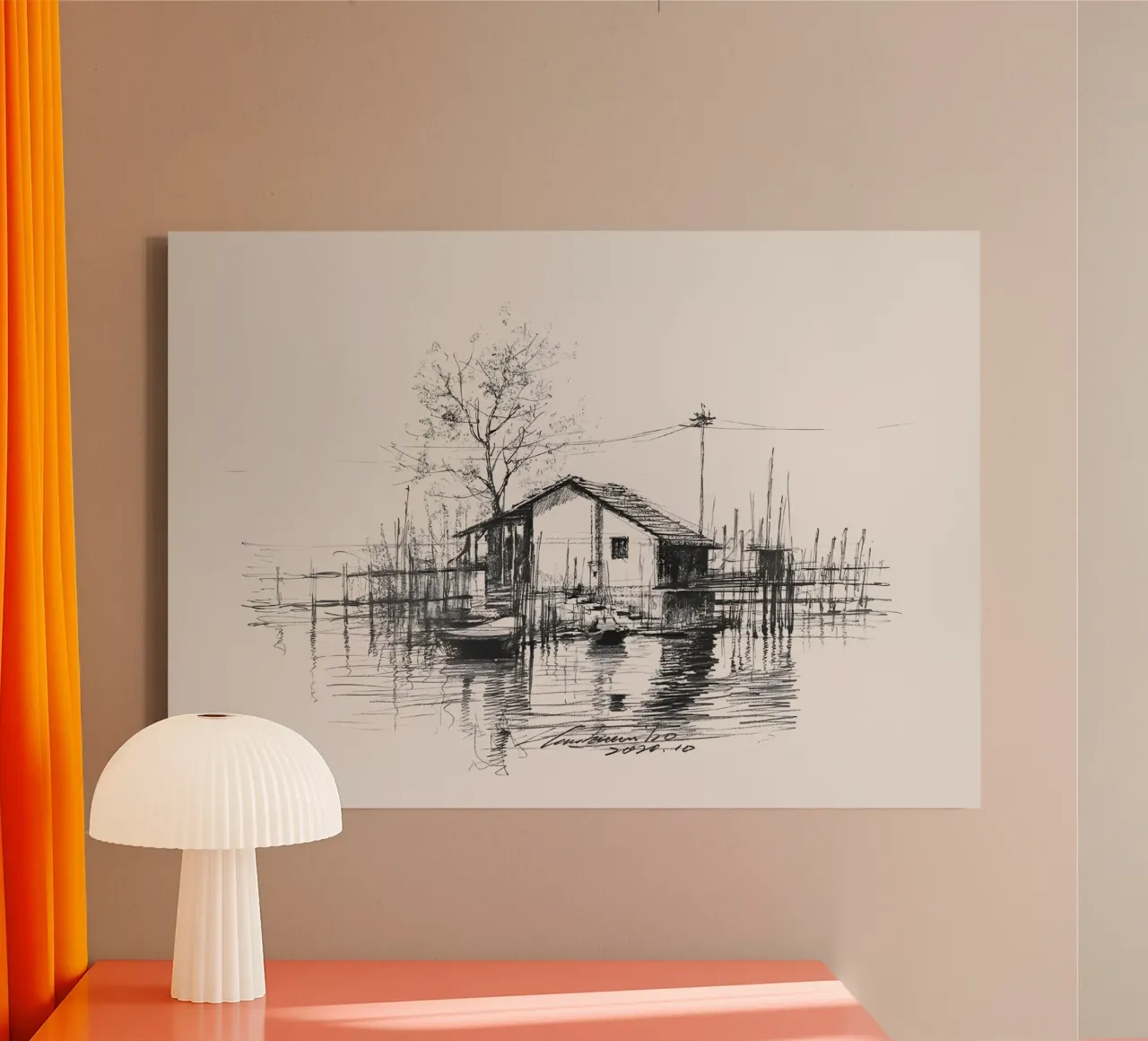Kustlijn Hut Landschap Schets Inkttekening Sereen Kunstdruk canvas met Baklijst van NorwesClub