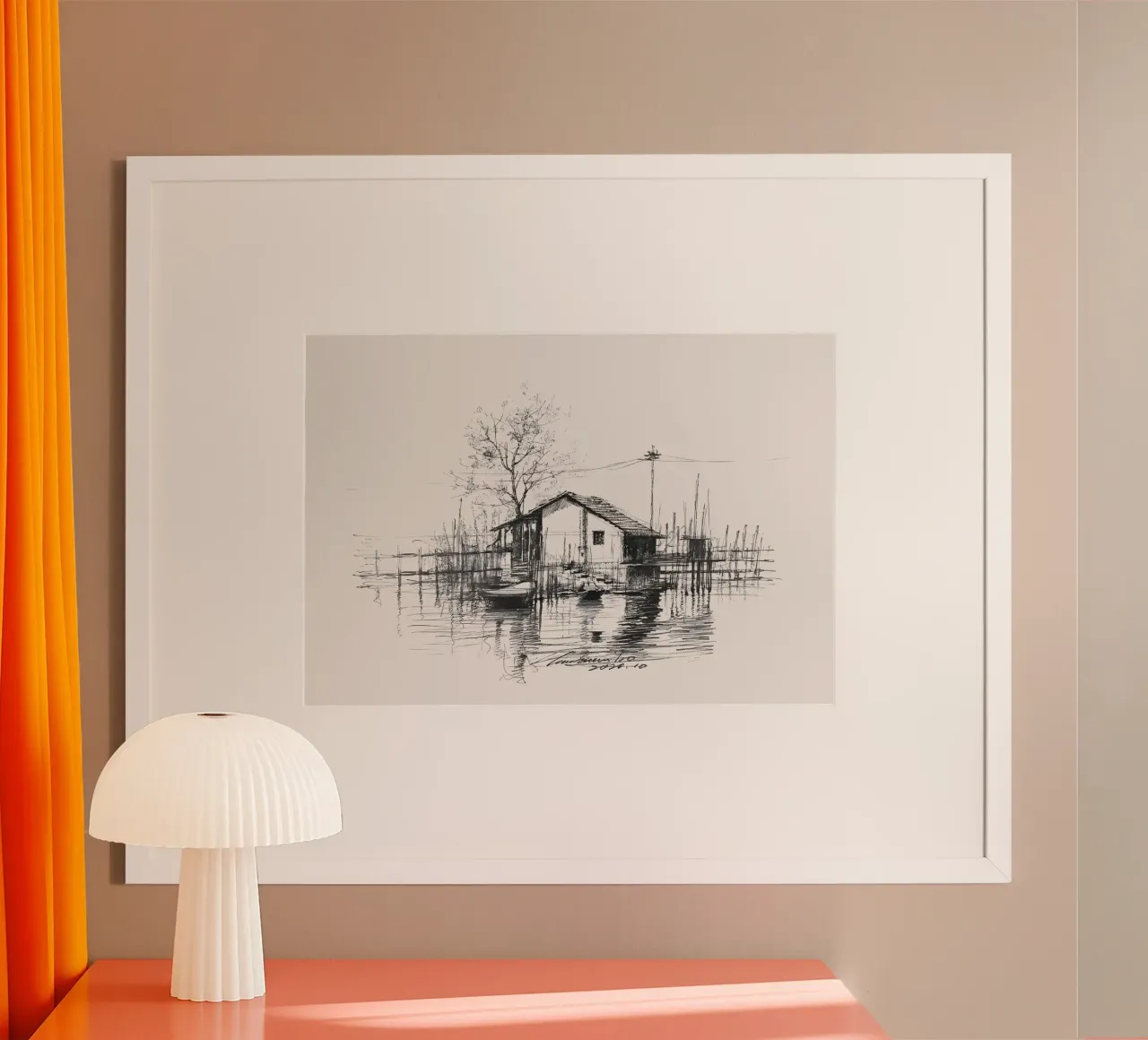 Coastal Hut Landschaft Skizze | Tinte Zeichnung Serene Kunstdruck Poster von NorwesClub