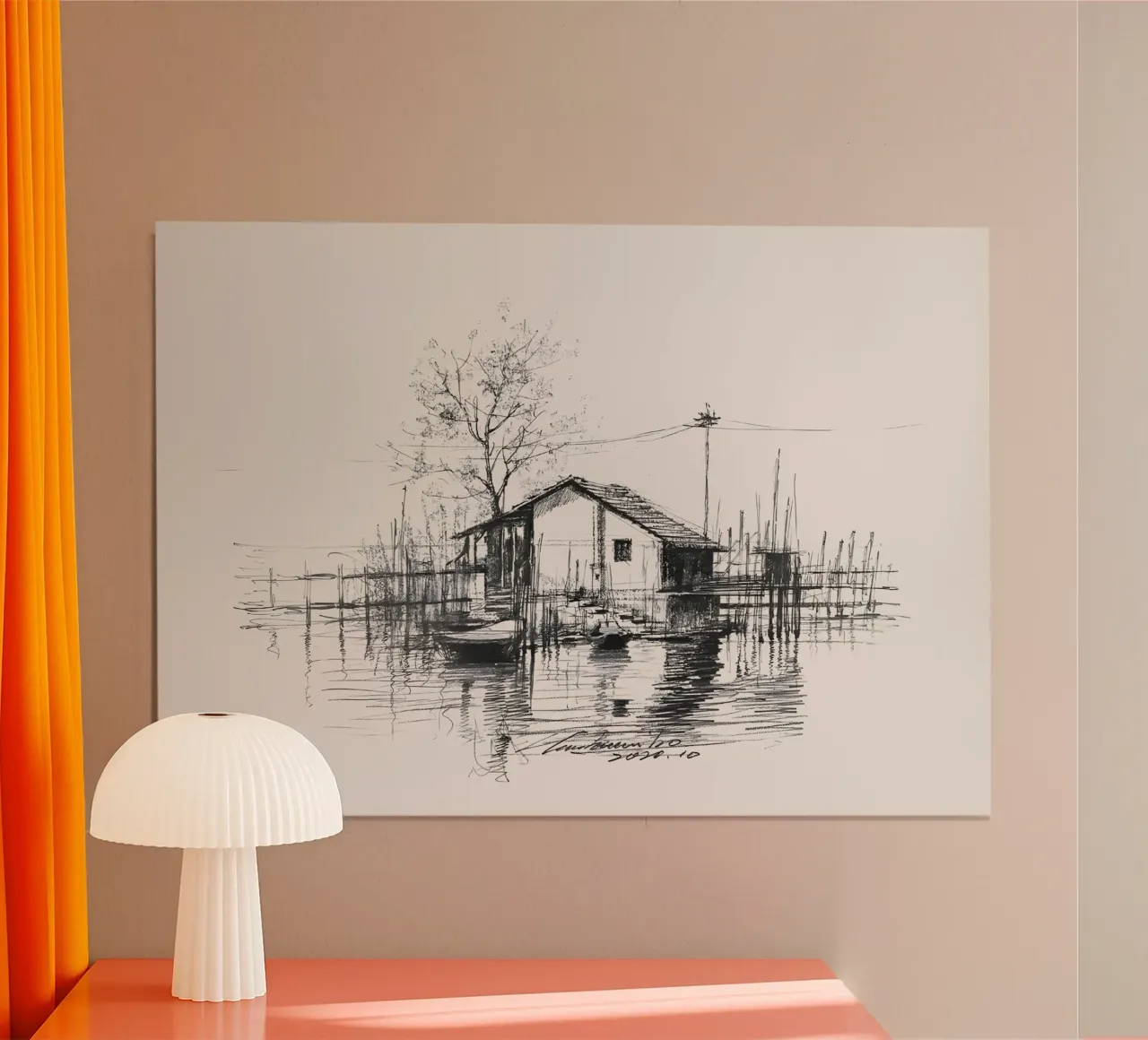 Coastal Hut Landschaft Skizze | Tinte Zeichnung Serene Kunstdruck Poster von NorwesClub