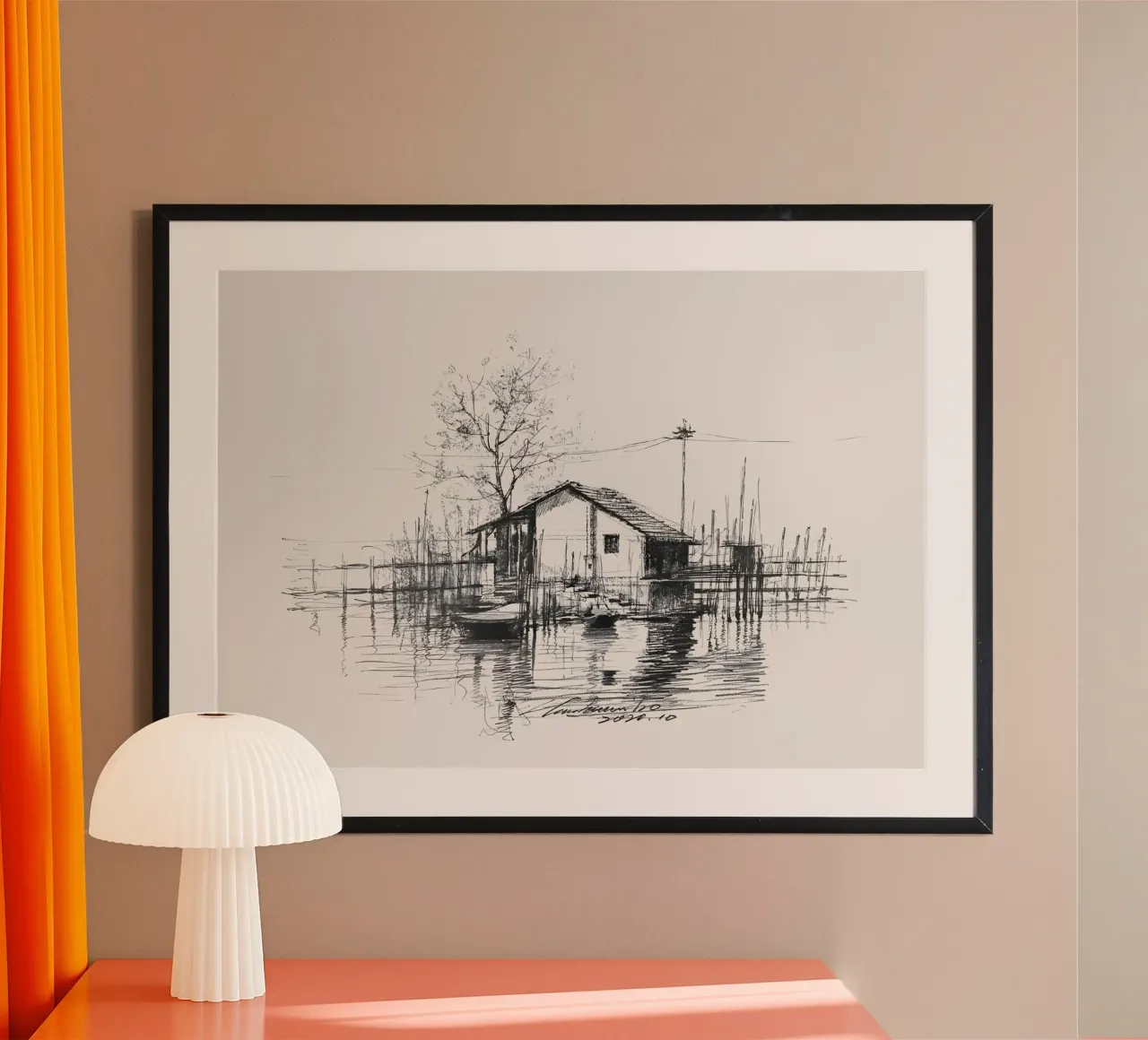 Coastal Hut Landschaft Skizze | Tinte Zeichnung Serene Kunstdruck Poster von NorwesClub