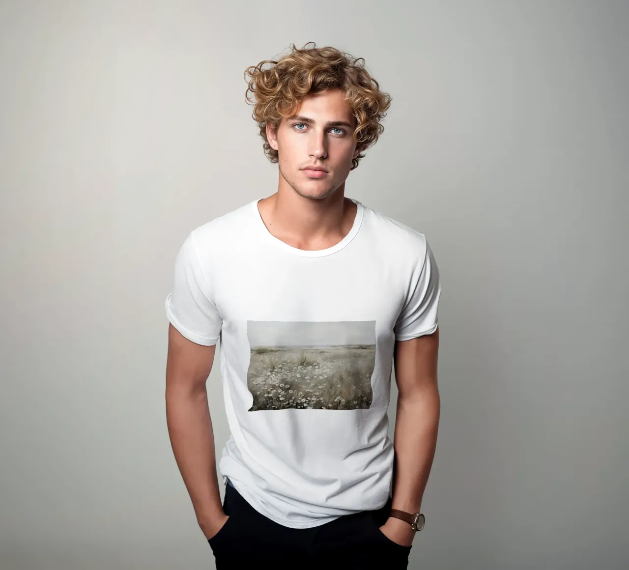 Paesaggio di prato con fiori selvatici e campo sereno impressionista Pri t-shirt da NorwesClub