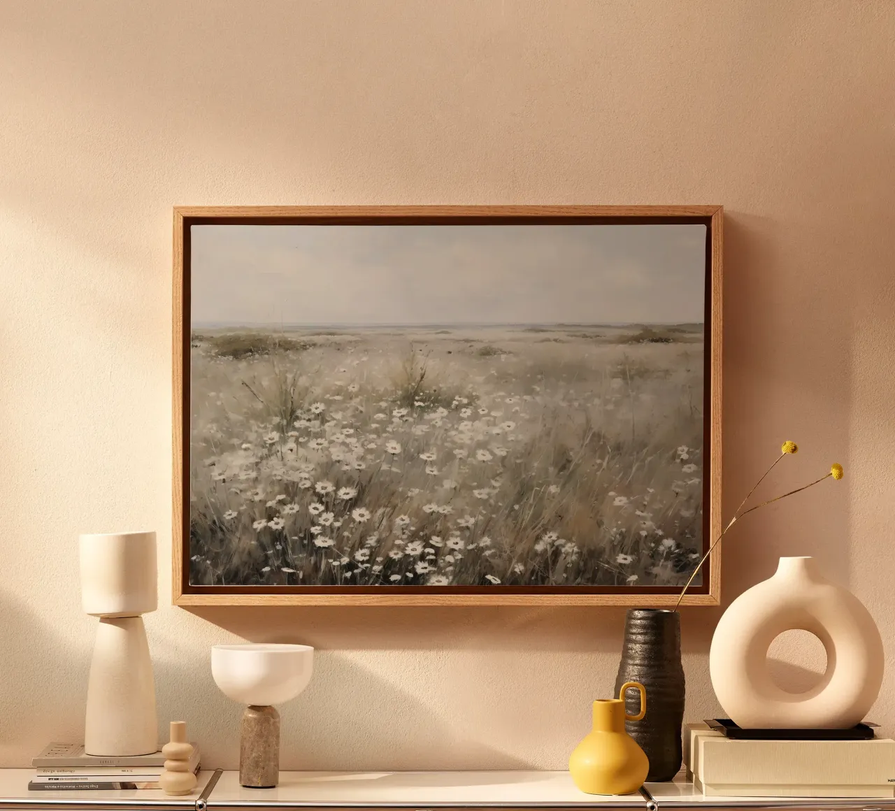 Paesaggio di prato con fiori selvatici e campo sereno impressionista Pri tela con Cornice a cassetta da NorwesClub