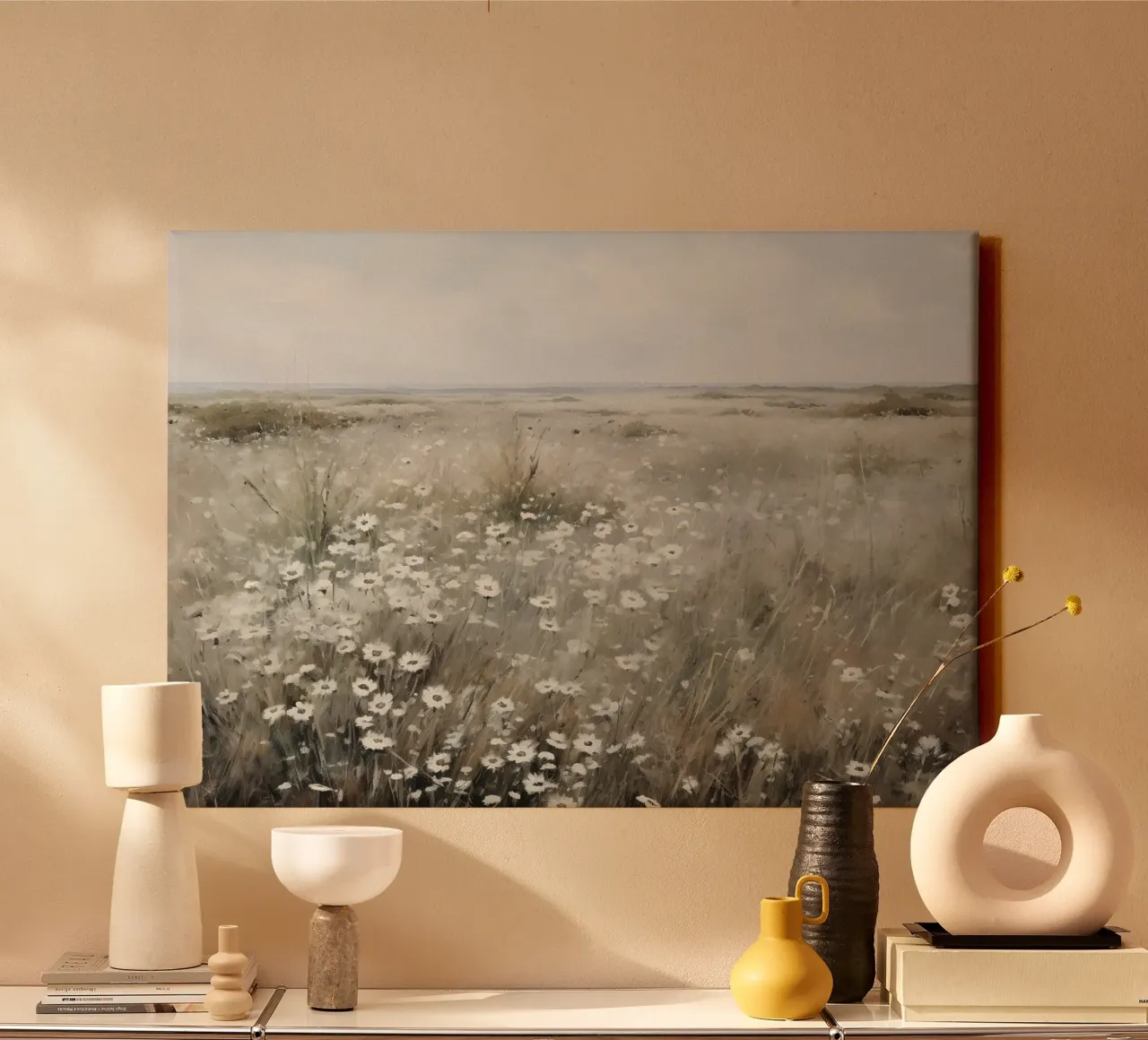 Paesaggio di prato con fiori selvatici e campo sereno impressionista Pri tela con Cornice a cassetta da NorwesClub