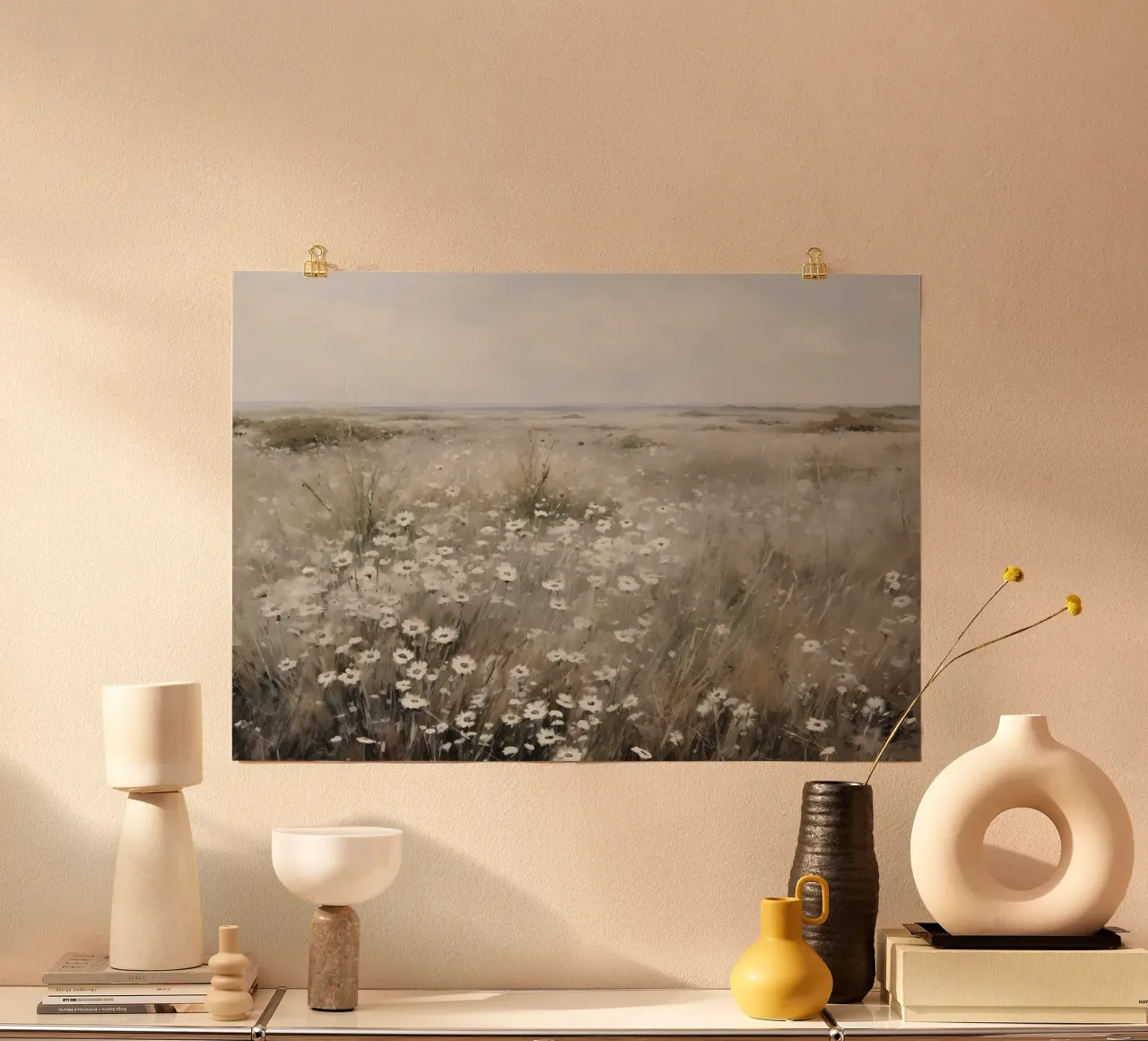 Paesaggio di prato con fiori selvatici e campo sereno impressionista Pri carta hahnemühle da NorwesClub