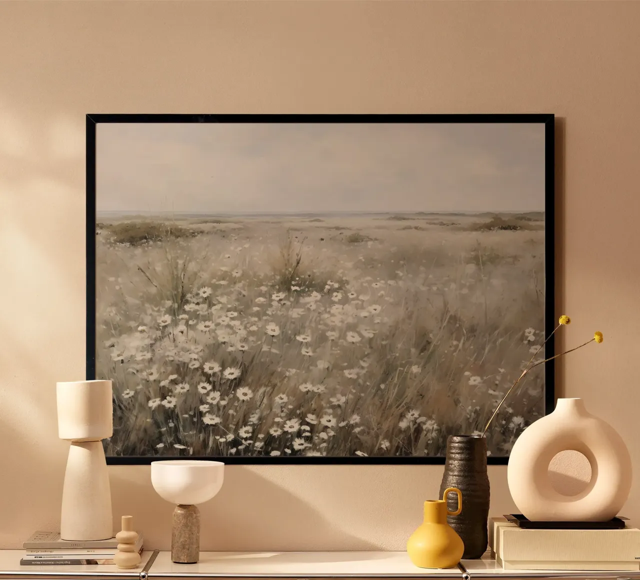 Paesaggio di prato con fiori selvatici e campo sereno impressionista Pri carta hahnemühle da NorwesClub
