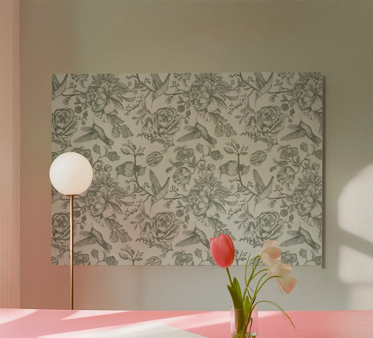 Hummingbird & Peony Pattern | Vintage Botanical Wallpaper Pr alu dibond de NorwesClub
