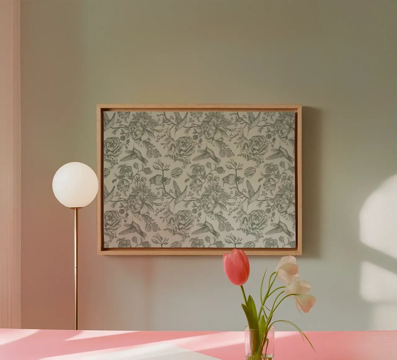 Kolibrie & Pioenroos Patroon | Vintage Botanisch Behang Pr canvas met Baklijst van NorwesClub