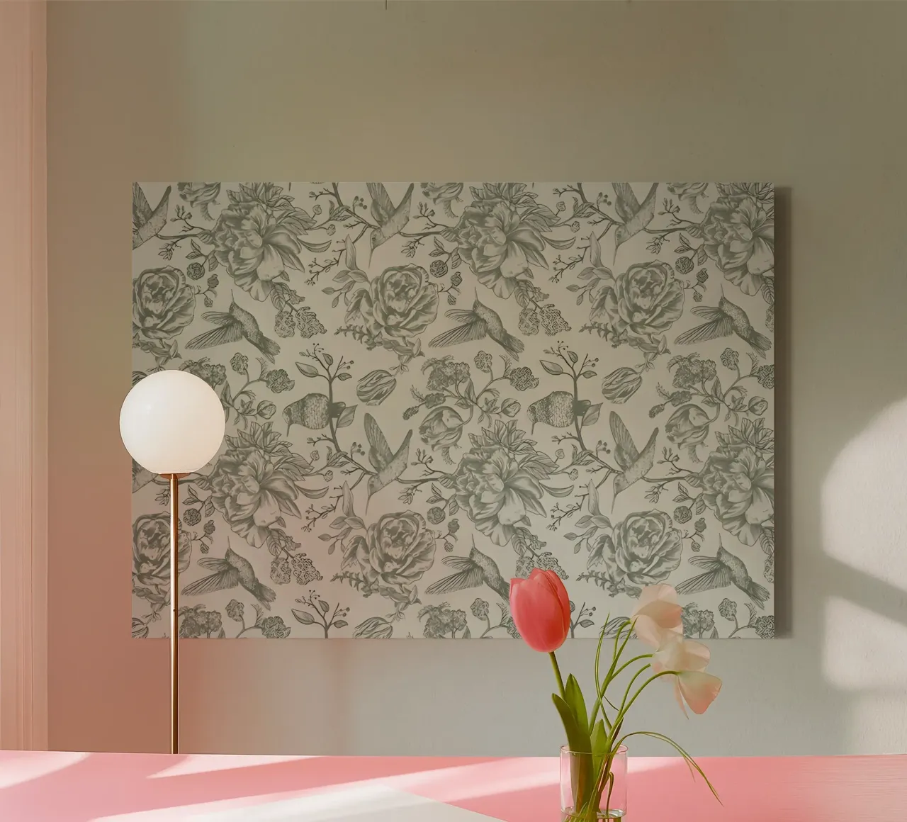 Kolibrie & Pioenroos Patroon | Vintage Botanisch Behang Pr canvas met Baklijst van NorwesClub