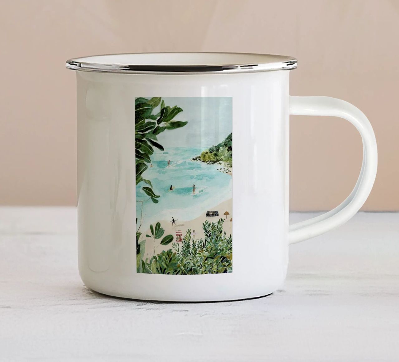Sunny Beach Emaille Tasse von Isabelle Vandeplassche