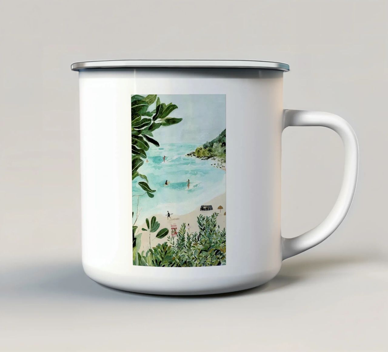 Sunny Beach Emaille Tasse von Isabelle Vandeplassche