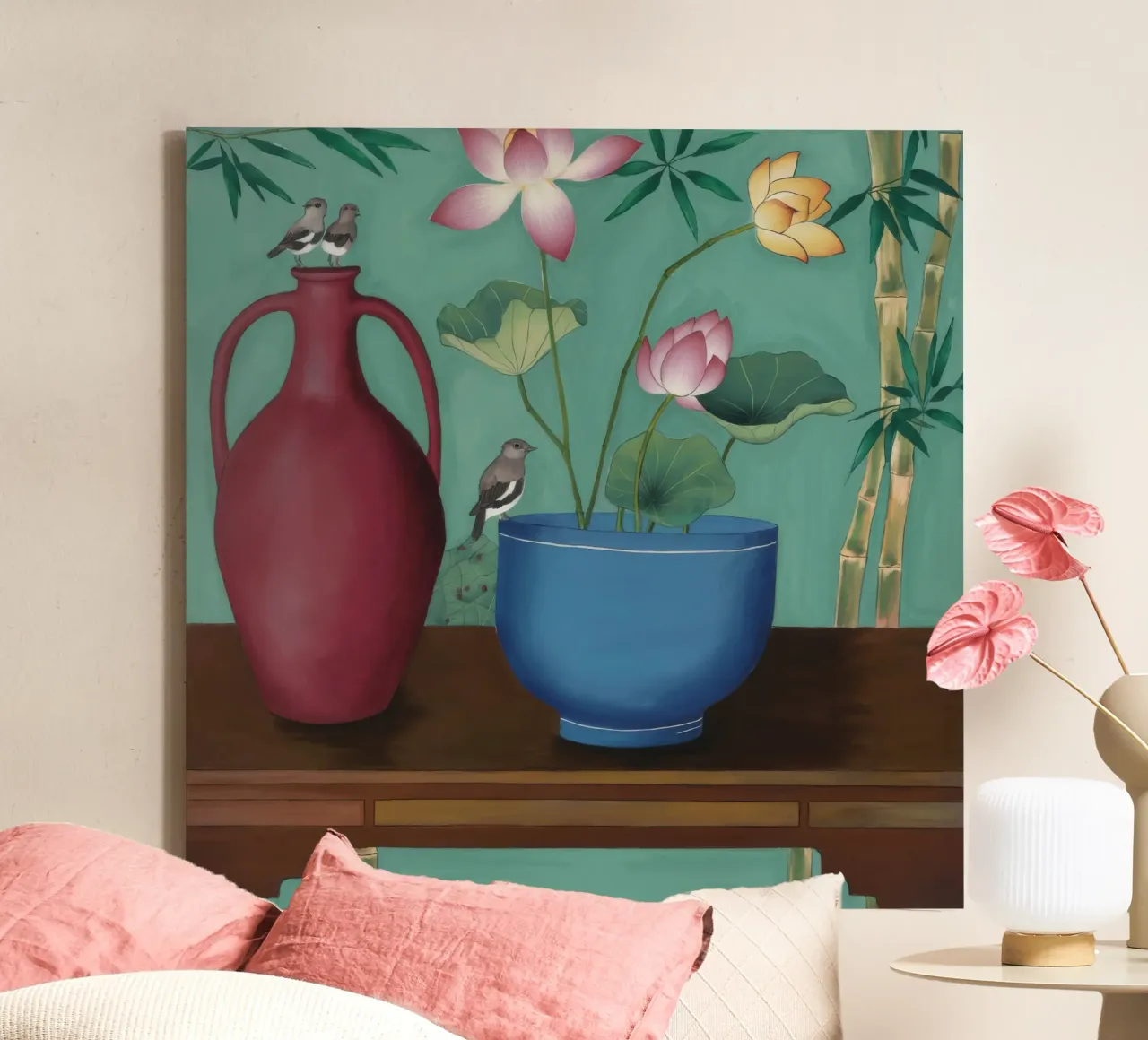 Terracotta groenblauw Duet canvas met Baklijst van Opal Strokes