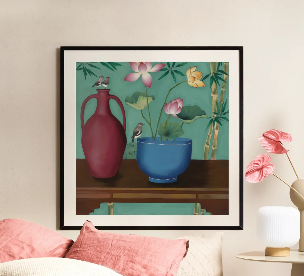 Terracotta Teal Duet poster con telaio in alluminio da Opal Strokes